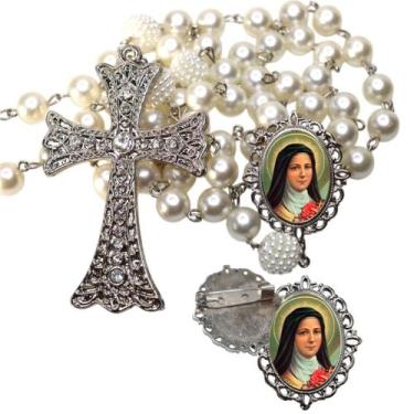 Imagem de Terço de Noiva de Luxo Cravejado com Broche de Lapela Santa Teresinha 