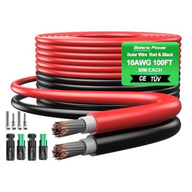 Imagem de Bateria Power Kit de fios solares 10AWG de 2 x 30 m, cabo de extensão de painel solar de calibre 10 com conectores solares fêmeas e machos e tampas à prova d'água, fio fotovoltaico de cobre estanhado