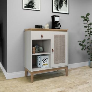 Imagem de Aparador 1 Porta 1 Gaveta com Pés de Madeira Trama Movelbento, Mel/Off