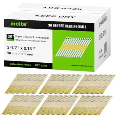 Imagem de meite Pregos de enquadramento de 30 graus de 8,5 cm x 3,5 cm, revestidos galvanizados, fita de papel agrupada, haste lisa de cabeça redonda deslocada pregos emoldurados para pregadores de moldura de