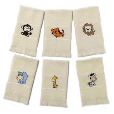 Imagem de Kit Safari 6 Toalhas de Mão 23x36cm Bordadas Tema Safari Para Bebê Inf
