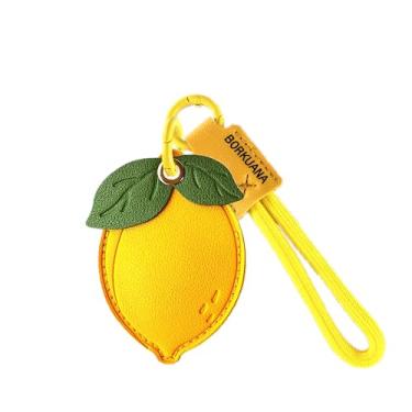 Imagem de Capa de couro compatível com AirTag, linda capa protetora com chaveiro e cordão, antiarranhões e rastreador GPS para chaves, bolsa, animais de estimação (Lemon)