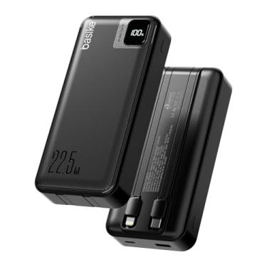Imagem de Basike Power Bank, Carregador Portátil Universal 20000mAh, USB-A(até 22.5W)+USB-C(até PD20W), com 2 Cabos Integrados (USB-C, Lightning) Carregamento Rápido, Led Indicador de Bateria (Preto)
