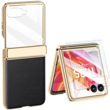 Imagem de Capa de couro para Motorola Razr 50 Ultra com protetor de tela integrado e proteção de dobradiça, capa protetora à prova de choque de couro PU ultrafina de luxo e moldura de revestimento para Motorola