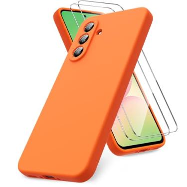Imagem de Vansdon Capa para Samsung Galaxy A56 5G, pacote com 2 protetores de tela de vidro temperado, capa de silicone líquido TPU macio, capa de gel de silicone de borracha à prova de choque - laranja