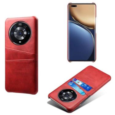 Imagem de Capas Compatível com Honor Magic3 Pro,Caso de couro PU-Tampa de telefone a prova de choque com 2 slots de cartão,Proteção anti-impressão digital e anti-gota-Red