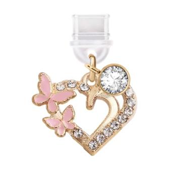 Imagem de ELISE & FONDA TP755 Porta de carregamento tipo C plugue antipoeira Little Love Heart com pingente de celular borboleta para iPhone 15/16/Samsung/OnePlus/Xiaomi/oppo telefones Android (rosa)