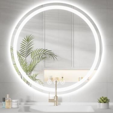 Imagem de Lmsedf Espelho Redondo De Banheiro Com Led E Luzes, Retroiluminação E Iluminação Frontal, Espelho De Penteadeira De Parede 3000K/4000K/6000K, Funções De Memória, Antiembaçante, Espelho Inteligente R