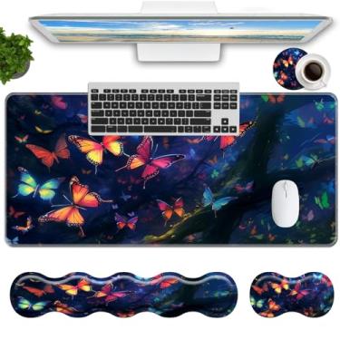 Imagem de RUUHLJLET Conjunto de mouse pad de teclado, mouse pad grande + apoio de pulso para teclado + suporte de pulso + porta-copos para mesa estendida de 80 x 30 cm para computador, laptop, escritório, casa