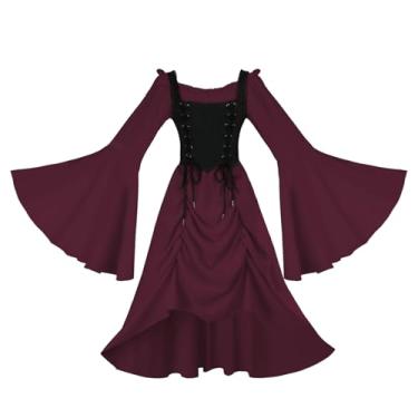 Imagem de Yejue Vestido renascentista medieval, mangas largas, bainha irregular, elegante, baile real vitoriano, steampunk, vestido de teatro, Vermelho, X-Large