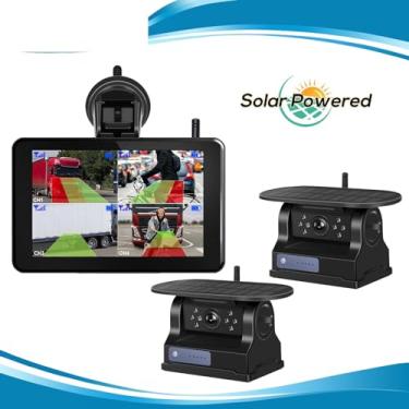 Imagem de IPoster compatível com câmera de ré magnética sem fio movida a energia solar com detecção de IA BSD DVR com visão traseira de 5" e monitor quádruplo compatível com trailer RV(2 Cameras Kit)