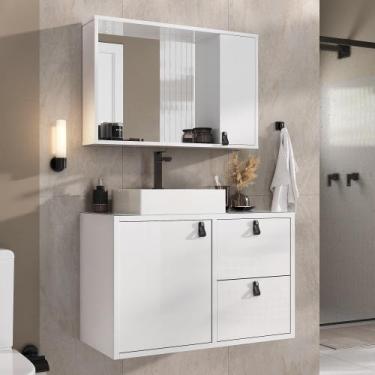 Imagem de Conjunto Gabinete para Banheiro com Cuba Sobrepor, Tampo de Vidro e Es