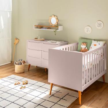 Imagem de Kit Quarto Infantil Theo com Pés Retrô Mel - Berço + Cômoda - Rosa Fosco