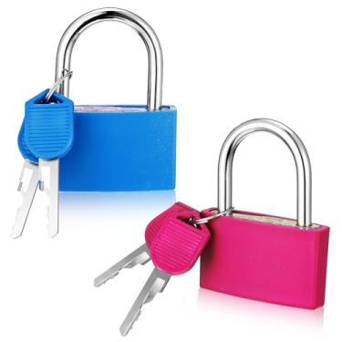 Imagem de Gjinxi 2 cadeados de armário de academia com chave, trava de armário rosa de alumínio com 4,16 cm de largura, cadeado impermeável para galpão, portão e unidade de armazenamento (vermelho rosa, azul