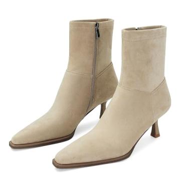 Imagem de SOVANYOU Botas femininas elegantes no tornozelo, bico fino, salto gatinho, com zíper lateral, elegante, confortável, botas curtas pretas, Camurça de damasco, 36
