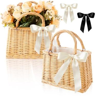 Imagem de Taiyin 2 peças de cestas de flores de vime tecidas à mão, bolsas retangulares de tecido de vime com alça fitas brancas e pretas bolsa de praia de palha bolsa de vime para mulheres verão casamento