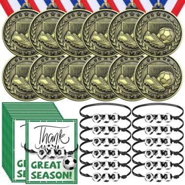 Imagem de Huquary 12 medalhas de prêmio de futebol para crianças com 12 peças de pulseiras de futebol troféus de participação em equipe com fitas listradas vermelhas brancas azuis para jogos esportivos