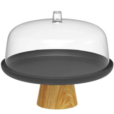 Imagem de Boleira Cúpula Plástica 25cm com Pé Bambu Lume Preto Prato para Bolo Doces Ou