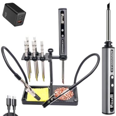Imagem de AM ARROWMAX Kit de ferro de solda L1 Plus, mini caneta de solda elétrica inteligente programável PD 65W, aquecimento rápido de 37,8 a 260 °C, 6 peças de pontas de solda T65, tela OLED digital, suporte