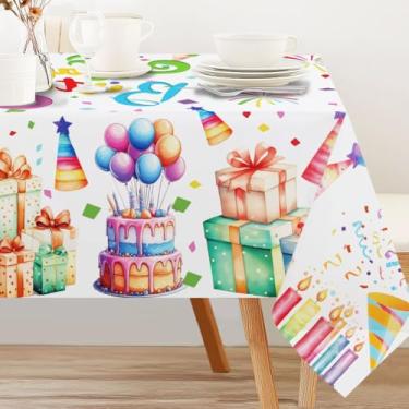 Imagem de INFUNLY Toalha de mesa retangular de feliz aniversário, caixa de presente, balões coloridos, arco-íris, 152 x 228 cm, capa de mesa sazonal à prova d'água para decoração de festa, piquenique, jantar