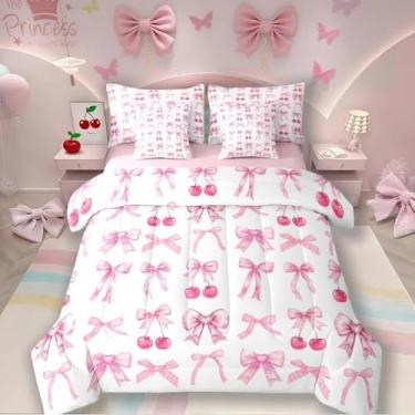 Imagem de Jogo de cama casal e edredom com laço de cereja branca, laço de seda fofo, 7 peças, gravata borboleta de princesa em uma bolsa, decoração de quarto kawaii, decoração de quarto feminino, rosa claro
