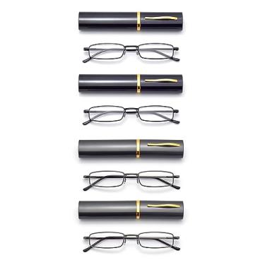 Imagem de HIGHLIKE - Pacote Com 4 Óculos De Leitura Finos Bolso Para Homens E Mulheres, Lentes Supertransparentes Compactas, Armação Metal Dobradiça Mola, 2 Pretos, Bronze, 1,5 X