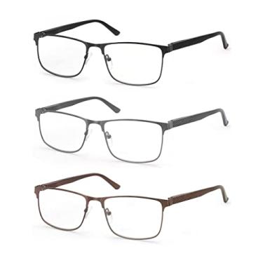 Imagem de HEEYYOK Óculos de leitura para homens, pacote com 3, óculos de leitura de metal com bloqueio de luz azul, antifadiga ocular/enxaqueca, óculos de computador, Pacote com 3 cores mistas, Small
