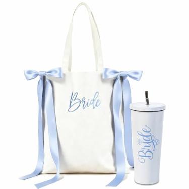 Imagem de Physkoa Conjunto de sacola e copo para presente de noiva – Bolsa de casamento de lona branca com laços de cetim azul e copo de noiva de aço inoxidável, presente de noiva azul, acessório para despedida
