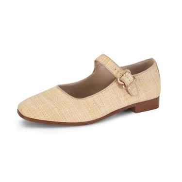 Imagem de DOEYG Sapatilhas de balé de malha para mulheres, leopardo, estampa animal, Mary Jane, sapatos rasteiros, vestido de bico quadrado, casual, confortável, de veludo, sapatos de bailarina, Raffia bege, 41