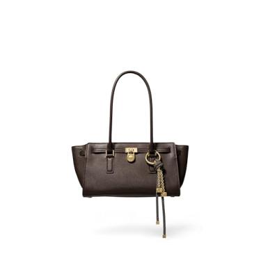 Imagem de Michael Kors Bolsa de ombro pequena Hamilton com pingente, ferragens douradas/couro urbino/chocolate