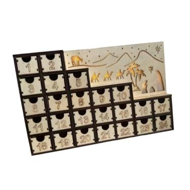 Imagem de IEUDNS Calendário de advento de madeira para Natal, centro de mesa de presépio com 24 gavetas e luzes LED para festas infantis