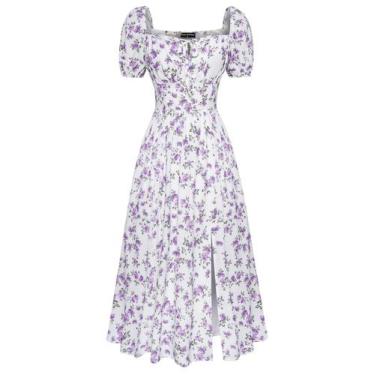Imagem de Vestido Scarlet Darkness Floral Flowy Gola Quadrada Branco Roxo