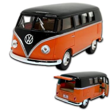 Imagem de Miniatura Kombi Microbus 1962 em metal, 1/32 13 CM, abertura de portas laterais e porta malas, rodinhas em borracha e com fricção, Carrinho de ferro miniatura (Preto e laranja)