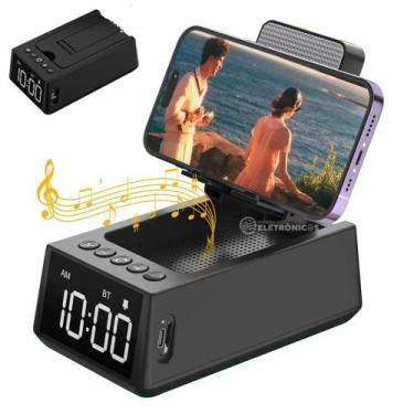 Imagem de Caixa de Som Bluetooth 3 em 1 Som, Rádio FM, Relógio e Suporte para Ce