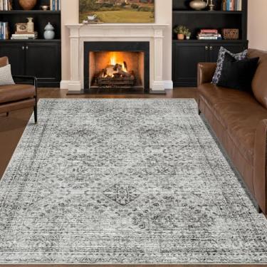 Imagem de MIULEE Tapete vintage para sala de estar 12 x 18 cm, lavável, tapete de piso baixo para quarto, sala de jantar, antiderrapante, resistente a manchas, macio para decoração de casa, cinza