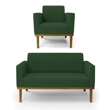 Imagem de Sofá Namoradeira com Poltrona Base de Madeira Fixa Castanho Marisa Veludo Verde  D03 - D'Rossi