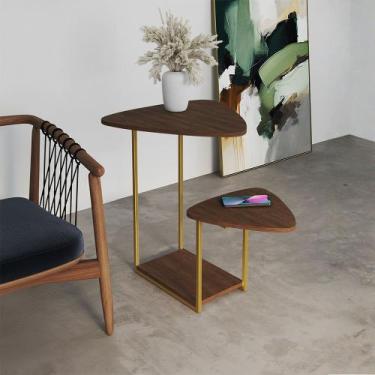 Imagem de Mesa Lateral Industrial Dourado Ferro Tampo Esfiha Amêndoa - CASA PRIM
