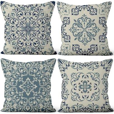 Imagem de Vie Savaran Conjunto de 4 capas de almofada boho azul marinho 50,8 cm x 50,8 cm, capas de almofada boêmias, vintage, marroquina, floral, para sofá, cama, cadeira, sala de estar, jardim, pátio