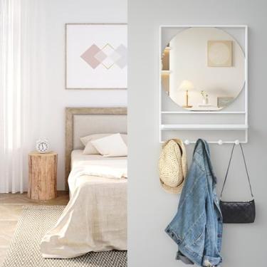 Imagem de WONSTART Espelho de Parede com Prateleira e Ganchos, Espelho de Entrada de 21 * 28 Pol. com Ganchos, Espelho Redondo com Moldura Retangular, Espelho Redondo Art Déco para Quarto, E (27,9"C X 20,9"L)