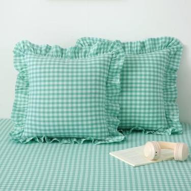 Imagem de K MASANIJI Pacote com 2 capas de almofada para travesseiro de spa azul guingão com babados, 100% algodão lavado, xadrez, casa de fazenda, decorativas, para cama/sofá, fecho de zíper - 56 x 56 cm