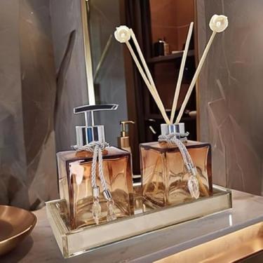 Imagem de Kit Lavabo Luxo Vidro Branco Saboneteira Difusor Aroma Decoração Bandeja Banheiro(Ambar Degrade C/Prata,Sem Bandeja)
