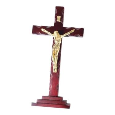 Imagem de IEUDNS Pingente de crucifixo de madeira para parede com cruz de Jesus, decoração de parede com cruz de madeira para escritório, Jesus Dourado 34x17.5cm