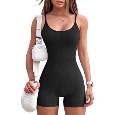 Imagem de Treino Feminino Sem Costura Ioga Macacão Com Nervuras Bodycon One Piece Spaghetti Strap Shorts, black, S