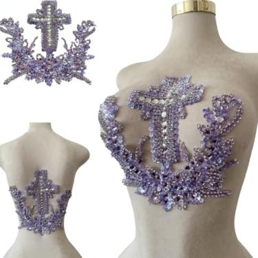 Imagem de Patch bordado feito à mão com contas cruzadas, aplique de strass feito à mão, design criativo, decoração de roupas para vestido de casamento antecessor ou terno masculino nas costas (violeta)