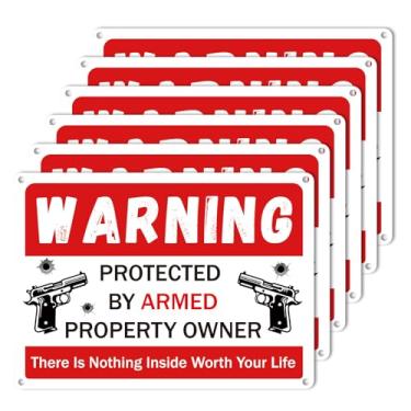 Imagem de 6 peças de sinal de arma para segurança doméstica, 18 x 13 cm à prova d'água decalque de aviso de arma engraçado adesivo de aviso de proprietário de arma fácil de ler protegido por proprietário de