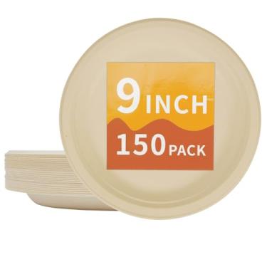 Imagem de ZEARE Pratos de papel compostáveis 22,8 cm - 100% biodegradáveis, resistentes e ecológicos, descartáveis para acampamento, festas, casamentos, churrasco (pacote com 150) (marrom natural de 23 cm)