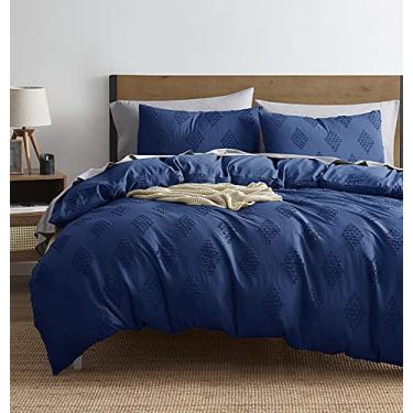 Imagem de Nestl Conjunto de capa de edredom Boho Bedding Twin Tufted com enchimento de edredom alternativo acolchoado – Azul marinho Paragon – Conjunto de 3 peças texturizado inclui capa de edredom com