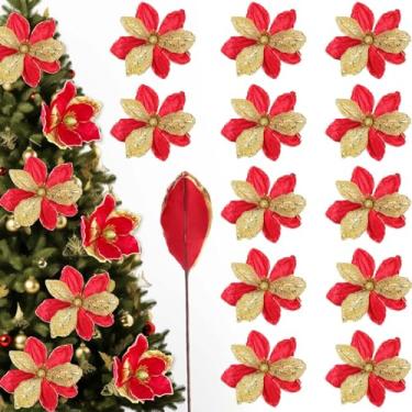 Imagem de Zeyune 12 peças, 11 palitos grandes de flores de poinsétia de Natal, com glitter, decoração de flores de árvore de Natal, poinsétias, ornamentos florais artificiais de Natal para guirlanda de festa de