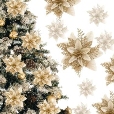 Imagem de Xnovies 20 peças de decorações de árvore de flores de poinsétia de Natal com clipes, enfeites de flores com glitter de ouro de 14,5 cm para guirlanda de Natal, decoração de festa em casa