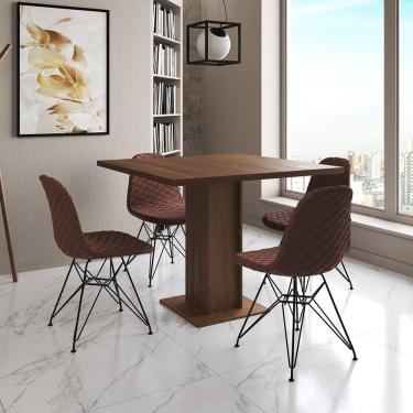 Imagem de Mesa Jantar Londres Quadrada Amêndoa 90Cm 4 Cadeiras Eames Estofadas Caramelo Ferro Preto